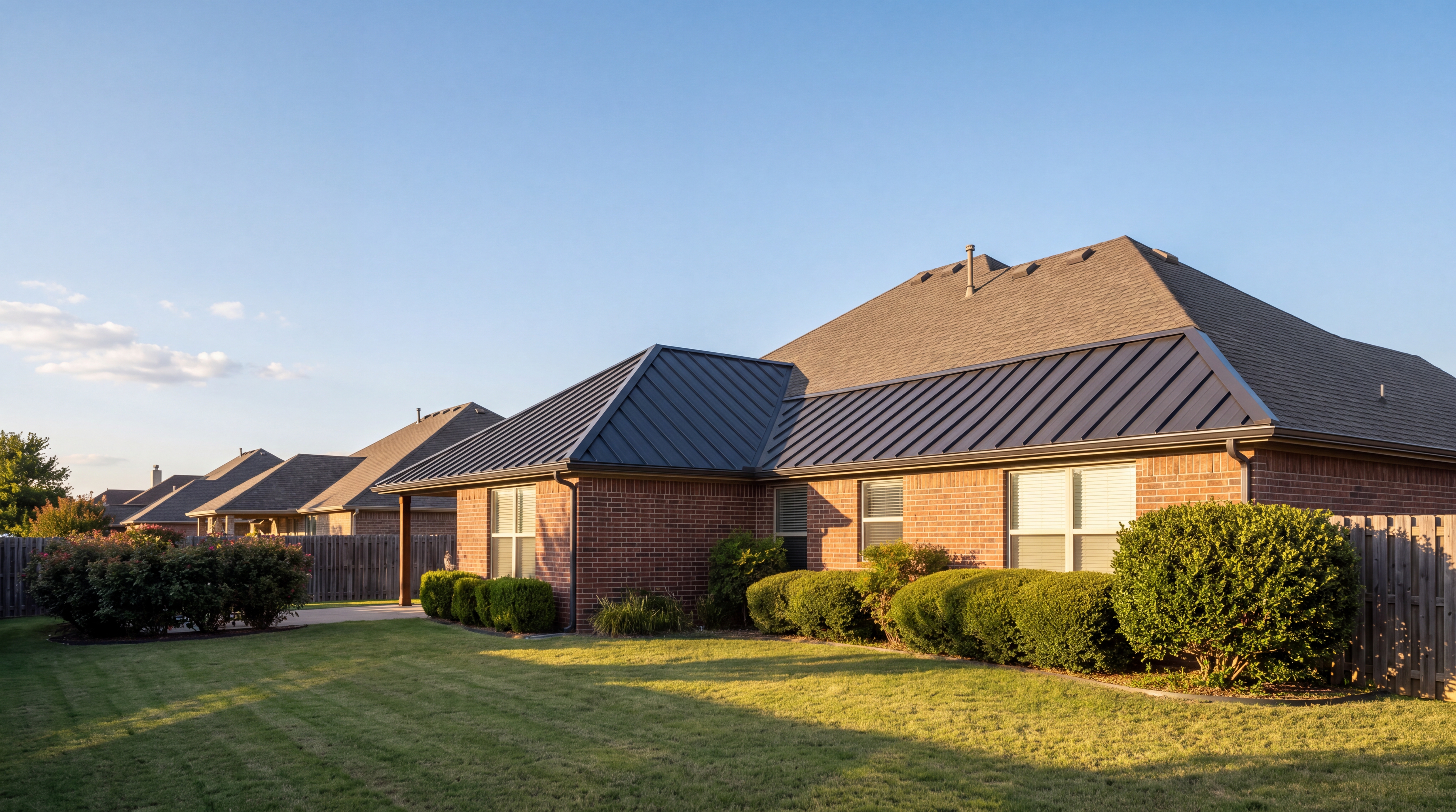 A dark standing seam metal roof on a single-storey addition meeting the taller architectural asphalt roof of a brick house, seen from the garden in late afternoon light.